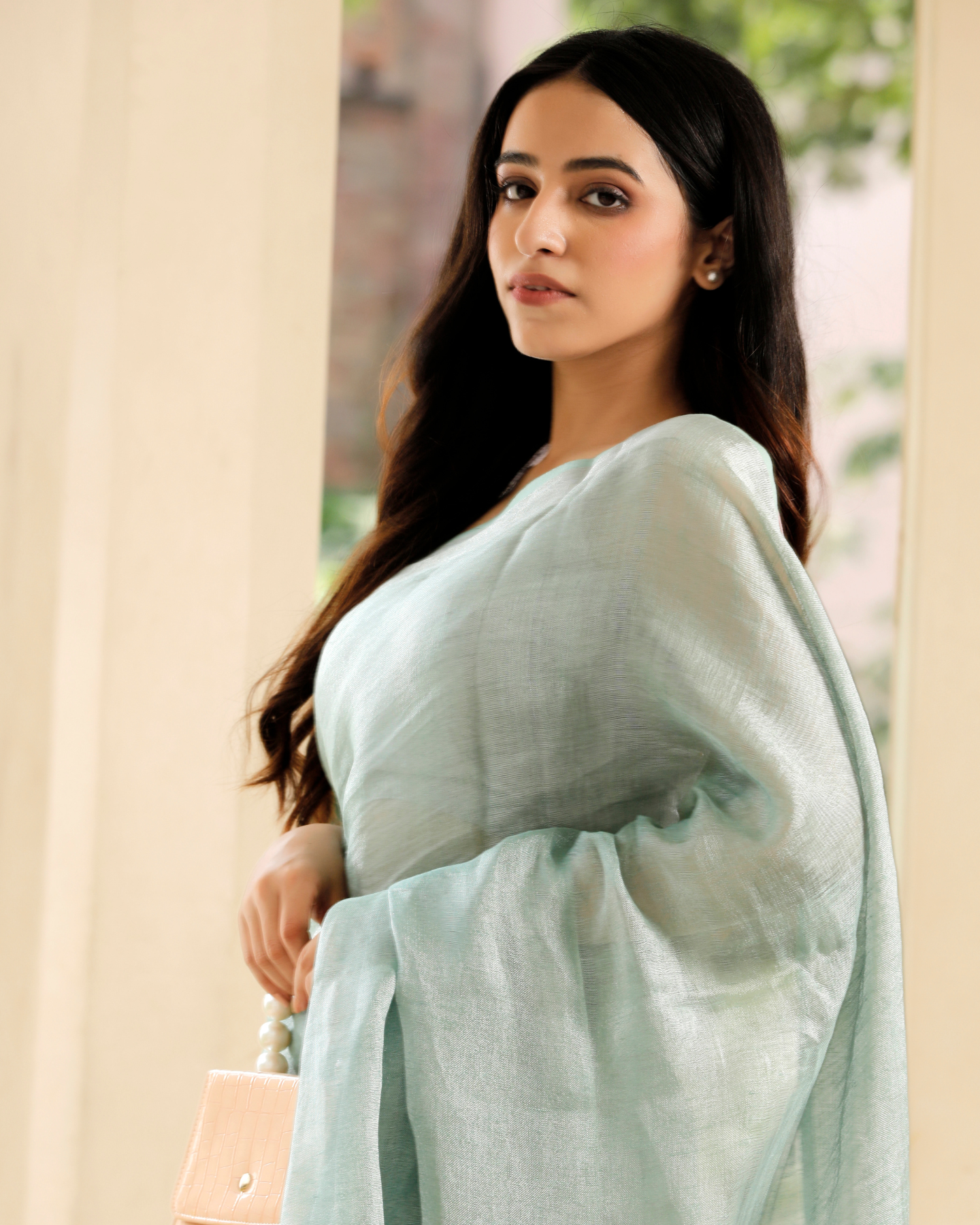 Aqua Blue Linen - Tissue Saree