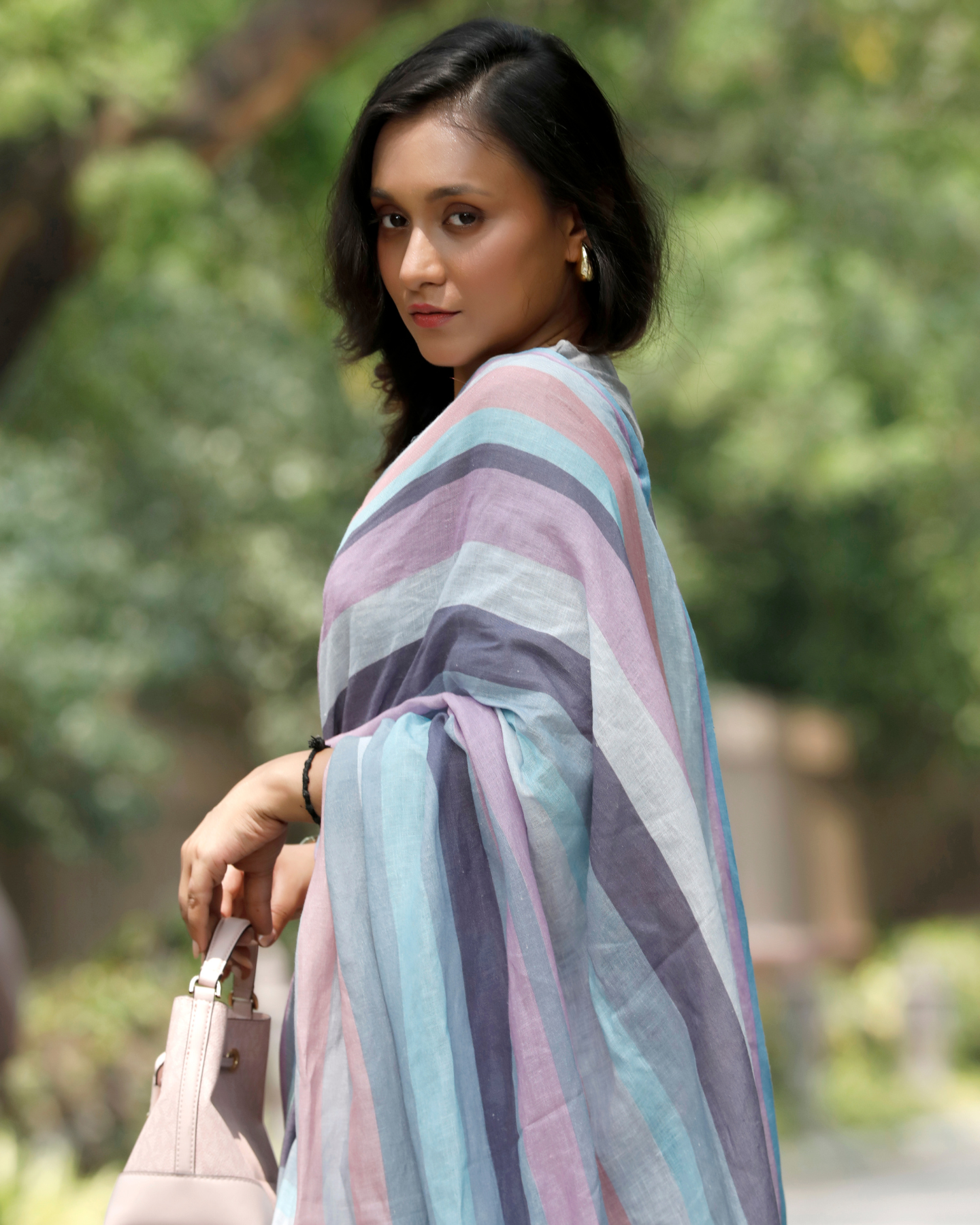 Multicolour Striped Linen Saree