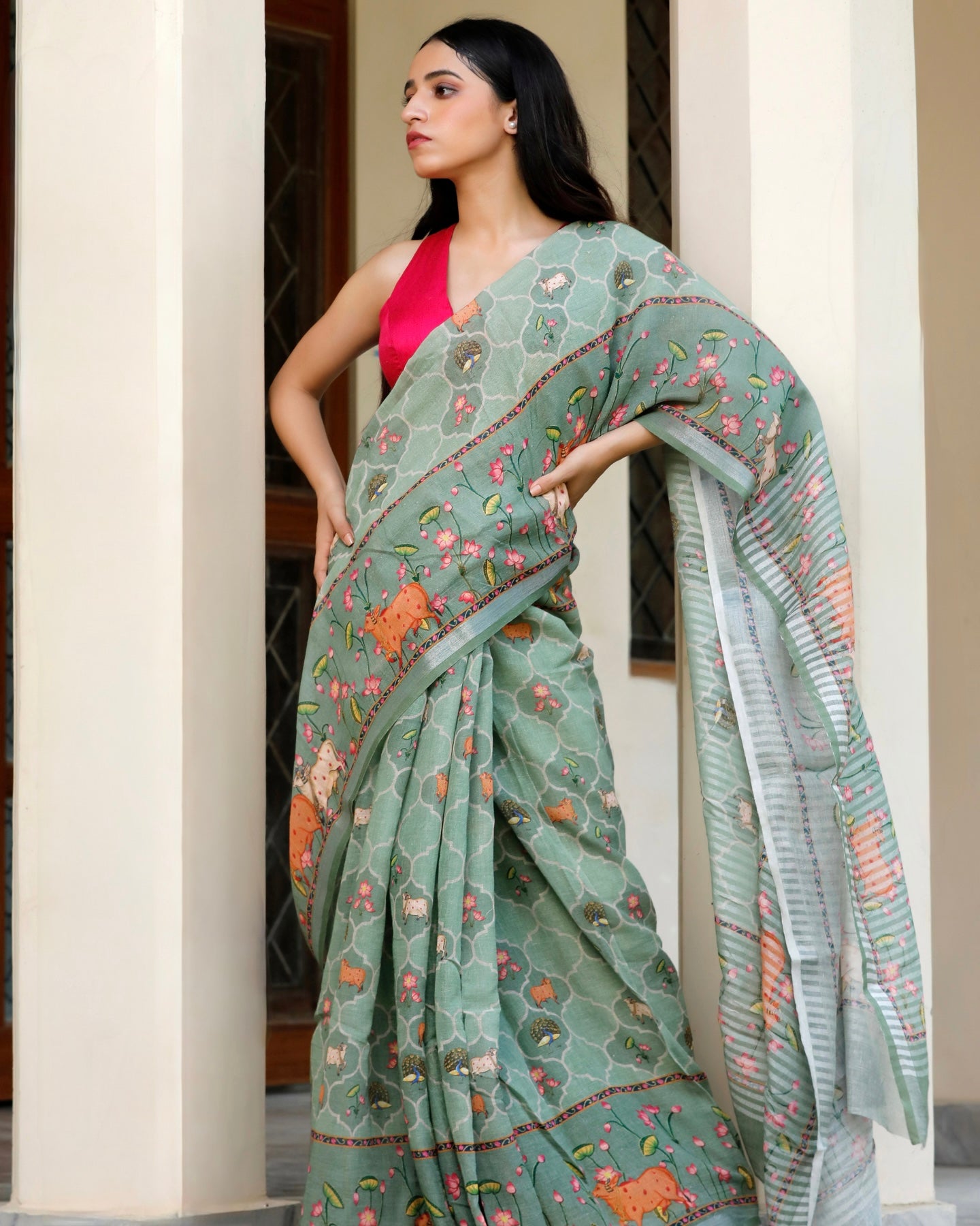 Leaf Green- Pichwai Art Linen Saree in Earthy Tones