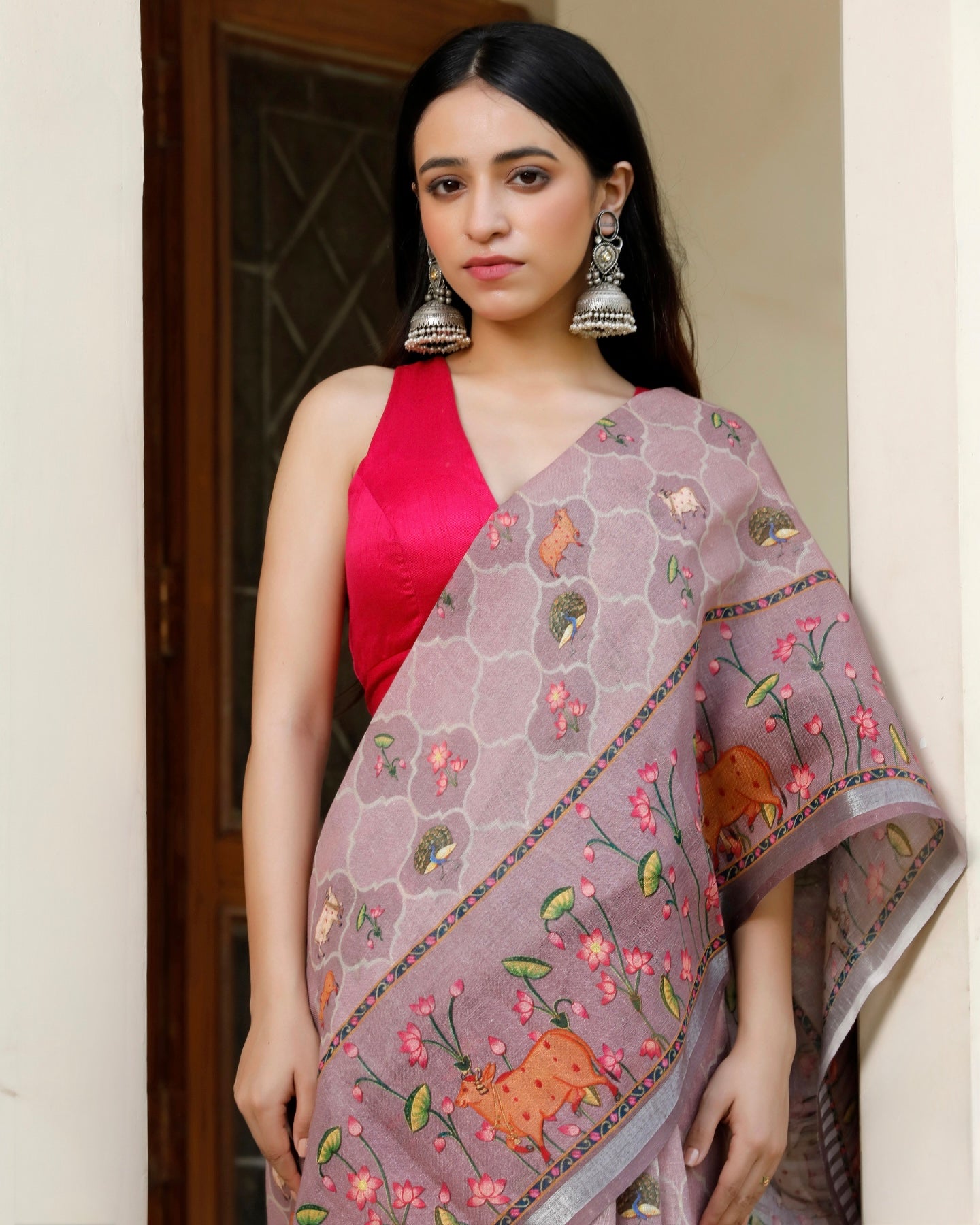 Muted Mauve - Pichwai Art Linen Saree in Earthy Tones