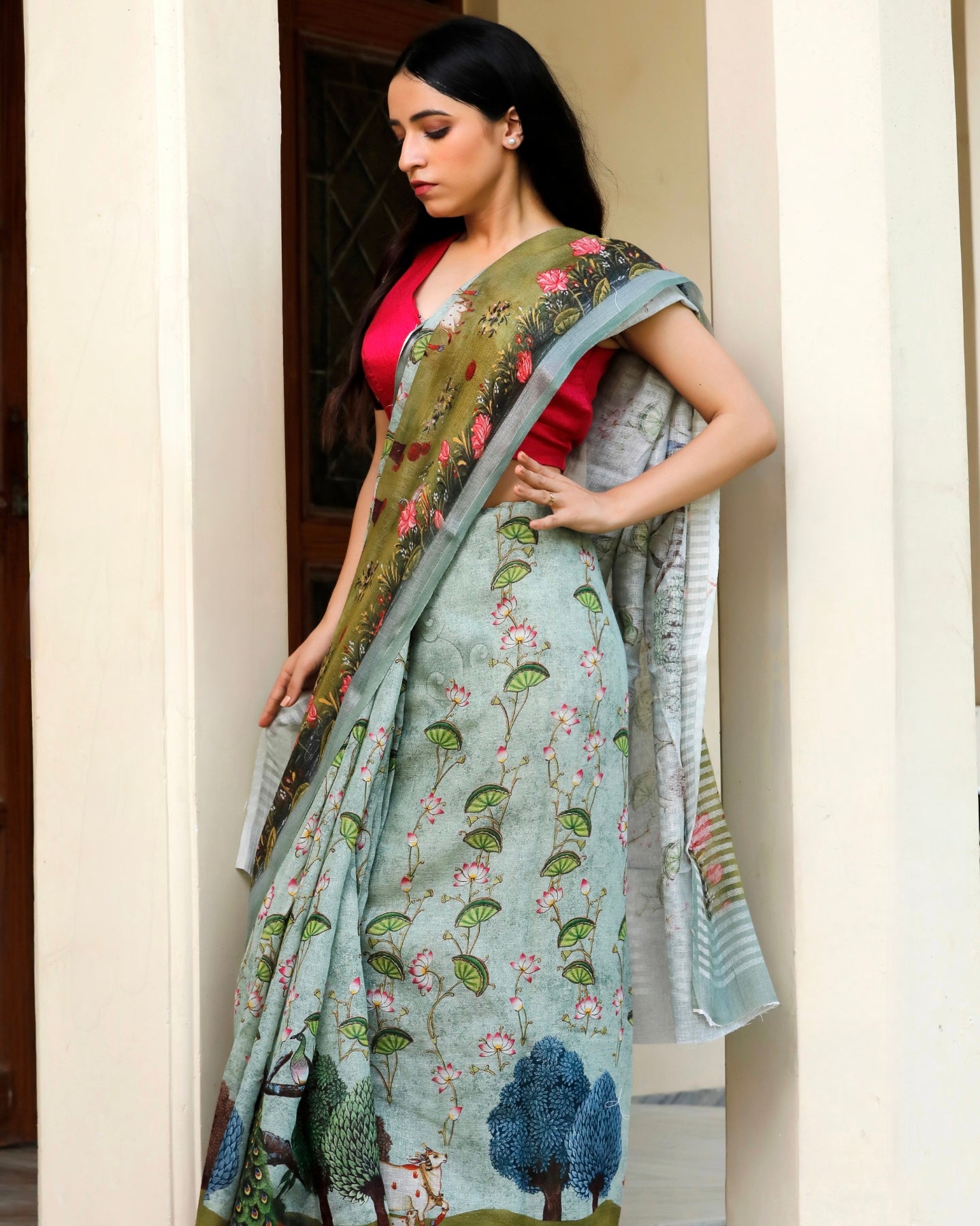 Sky Blue Pichwai Floral Linen Saree