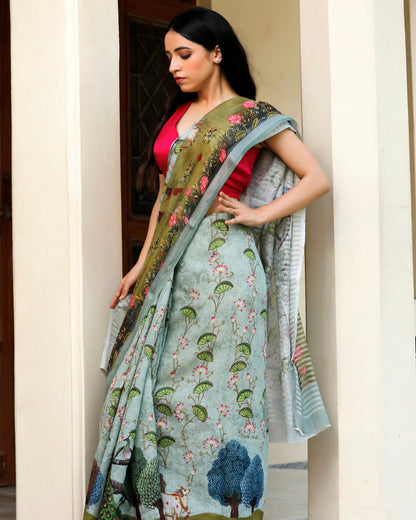 Sky Blue Pichwai Floral Linen Saree