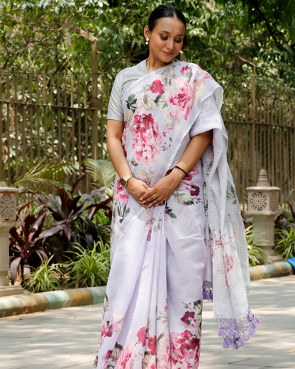 Lavender - Pastel Floral Linen Saree