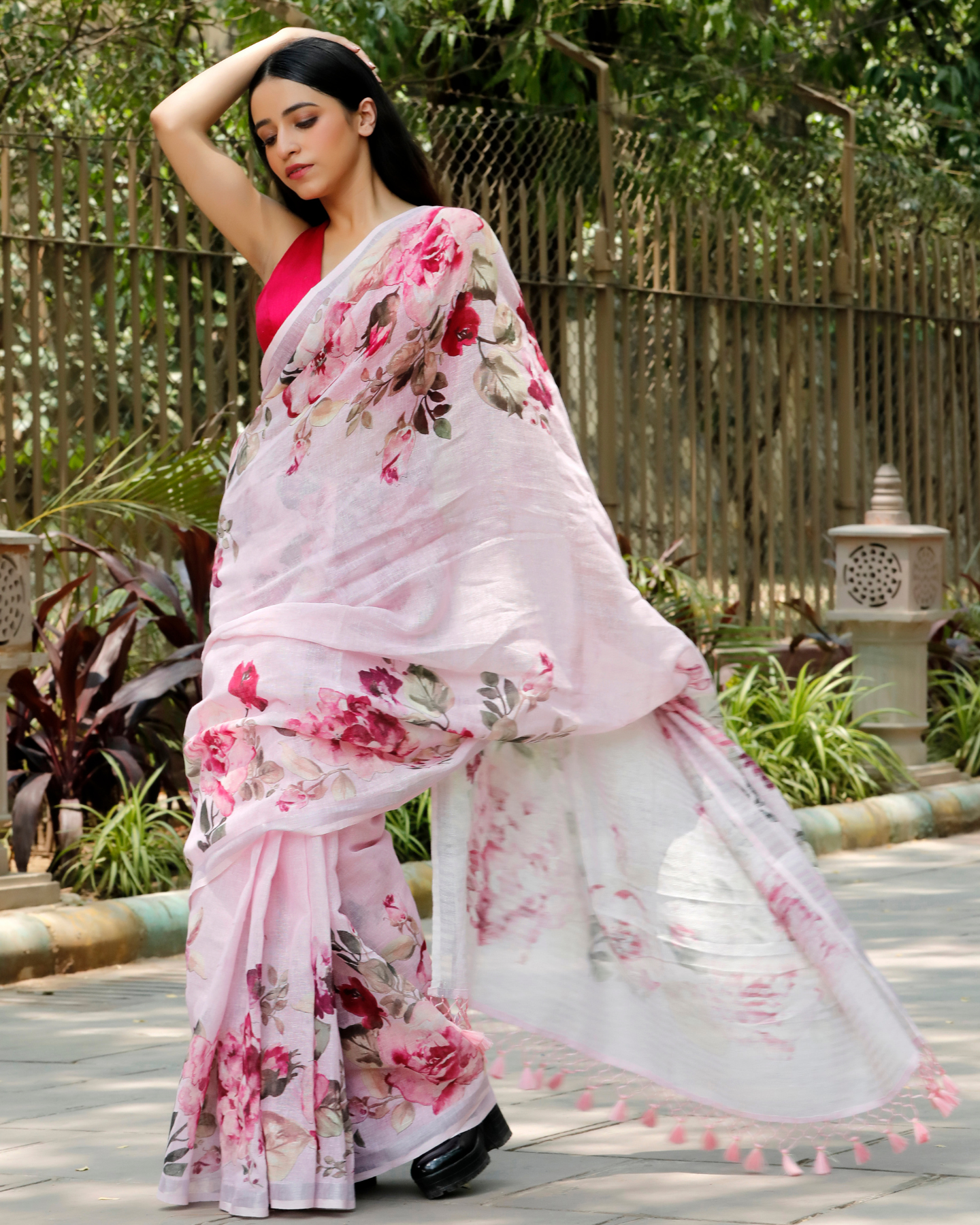 Baby Pink - Pastel Floral Linen Saree