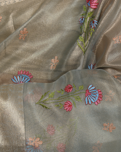 Aarna - Smokey blue Kota Tissue Silk Saree