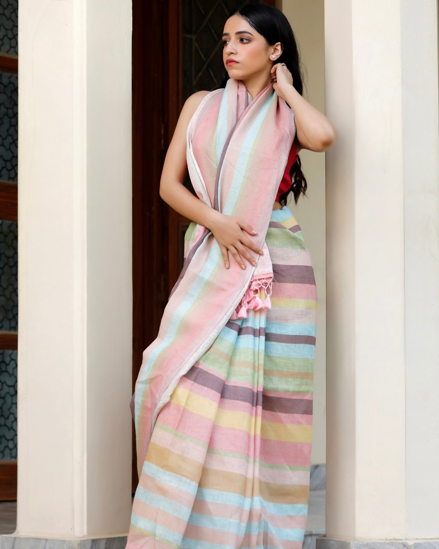 Multicolour Striped Linen Saree