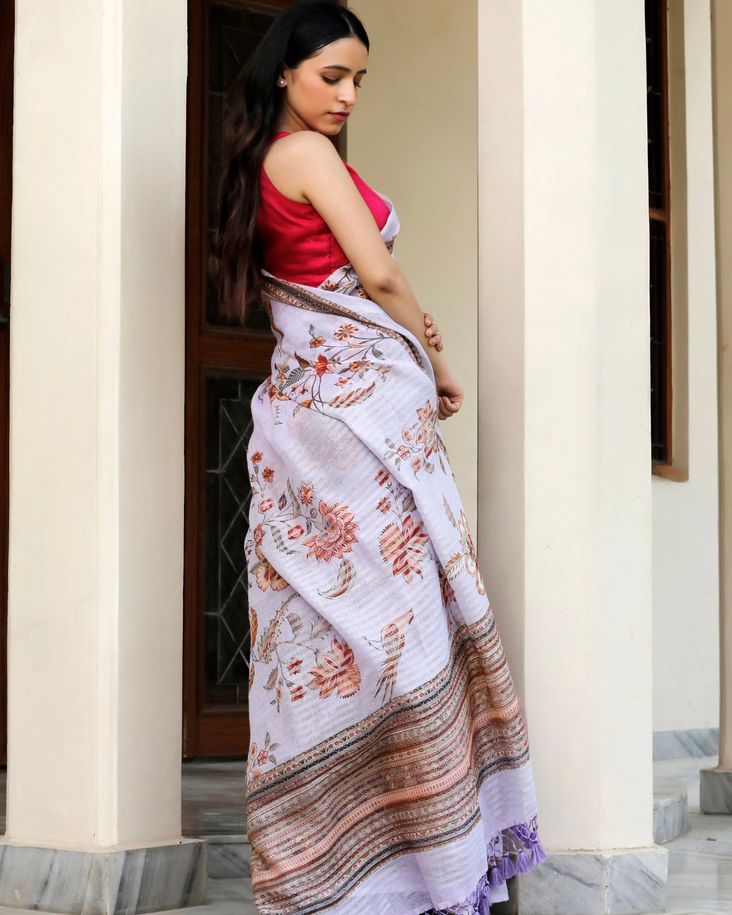 Lavender - Floral Linen Saree in Soft Pastels