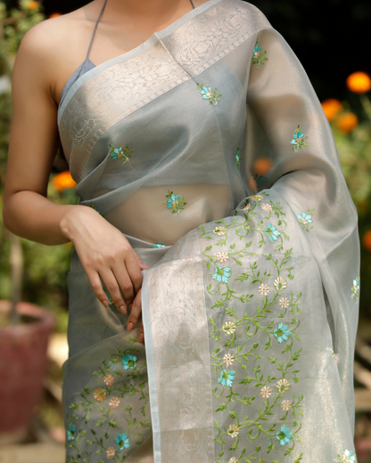 Advika - Ice Blue Pure Banarasi Kota Tissue Silk Saree