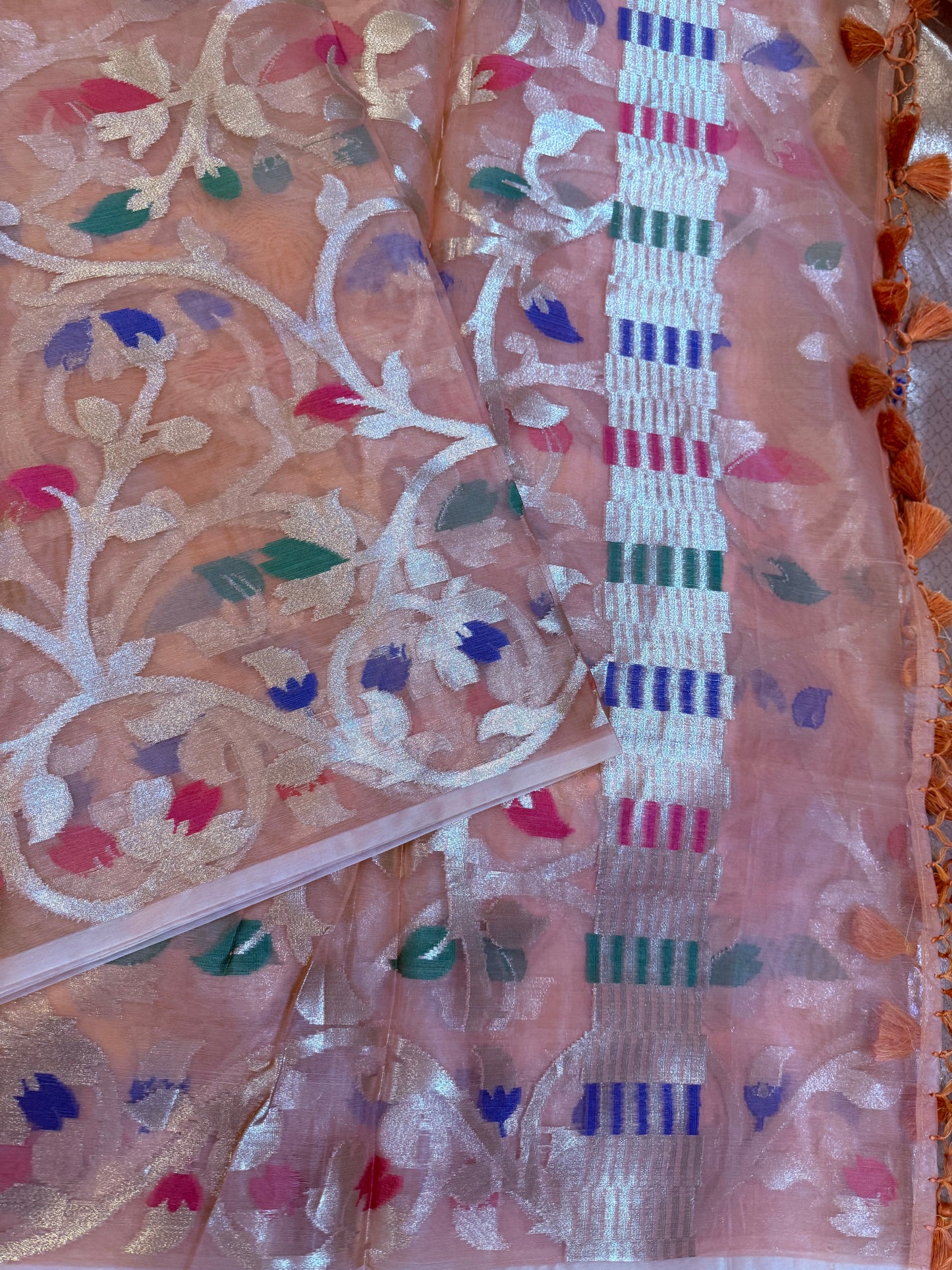 Peach Banarasi Organza Silk Jaal Weaving Saree