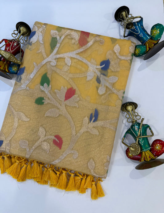 Yellow Banarasi Organza Silk Jaal Weaving Saree