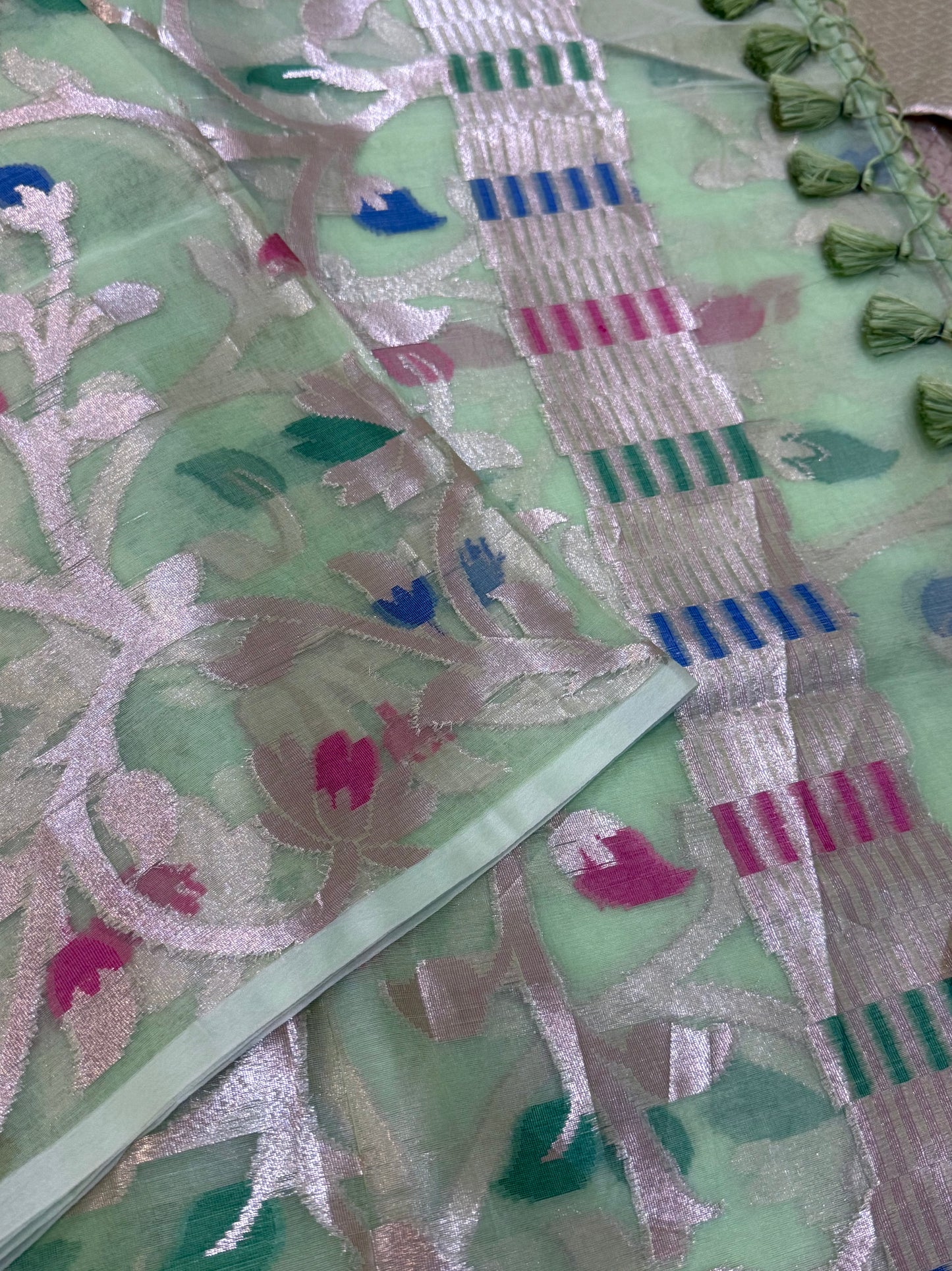 Mint Green Banarasi Organza Silk Jaal Weaving Saree