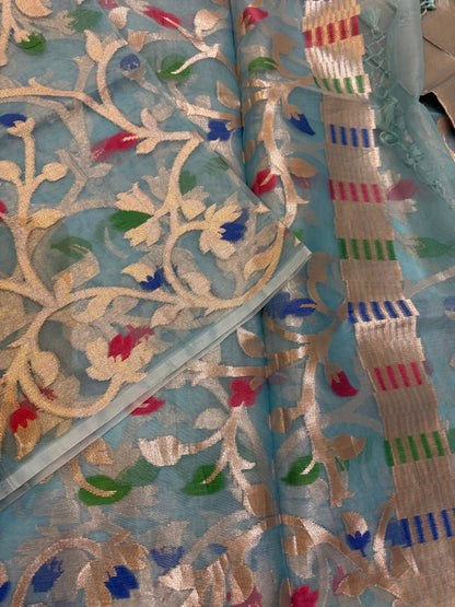 Skyblue Banarasi Organza Silk Jaal Weaving Saree