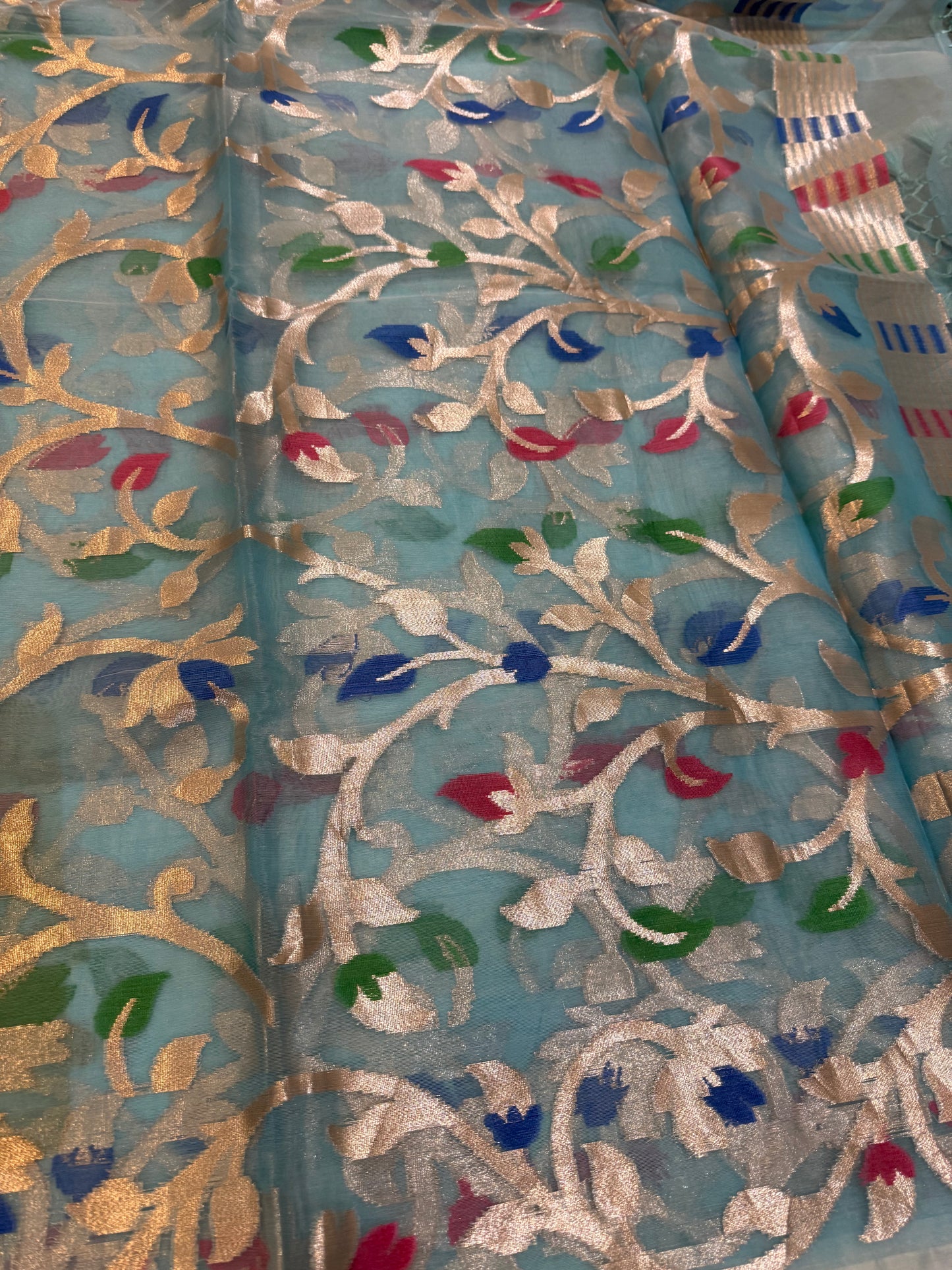 Skyblue Banarasi Organza Silk Jaal Weaving Saree