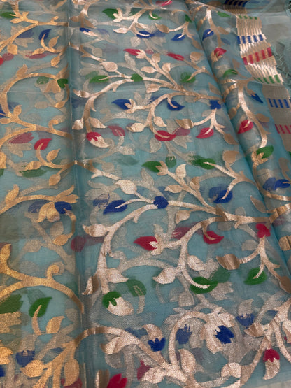 Skyblue Banarasi Organza Silk Jaal Weaving Saree