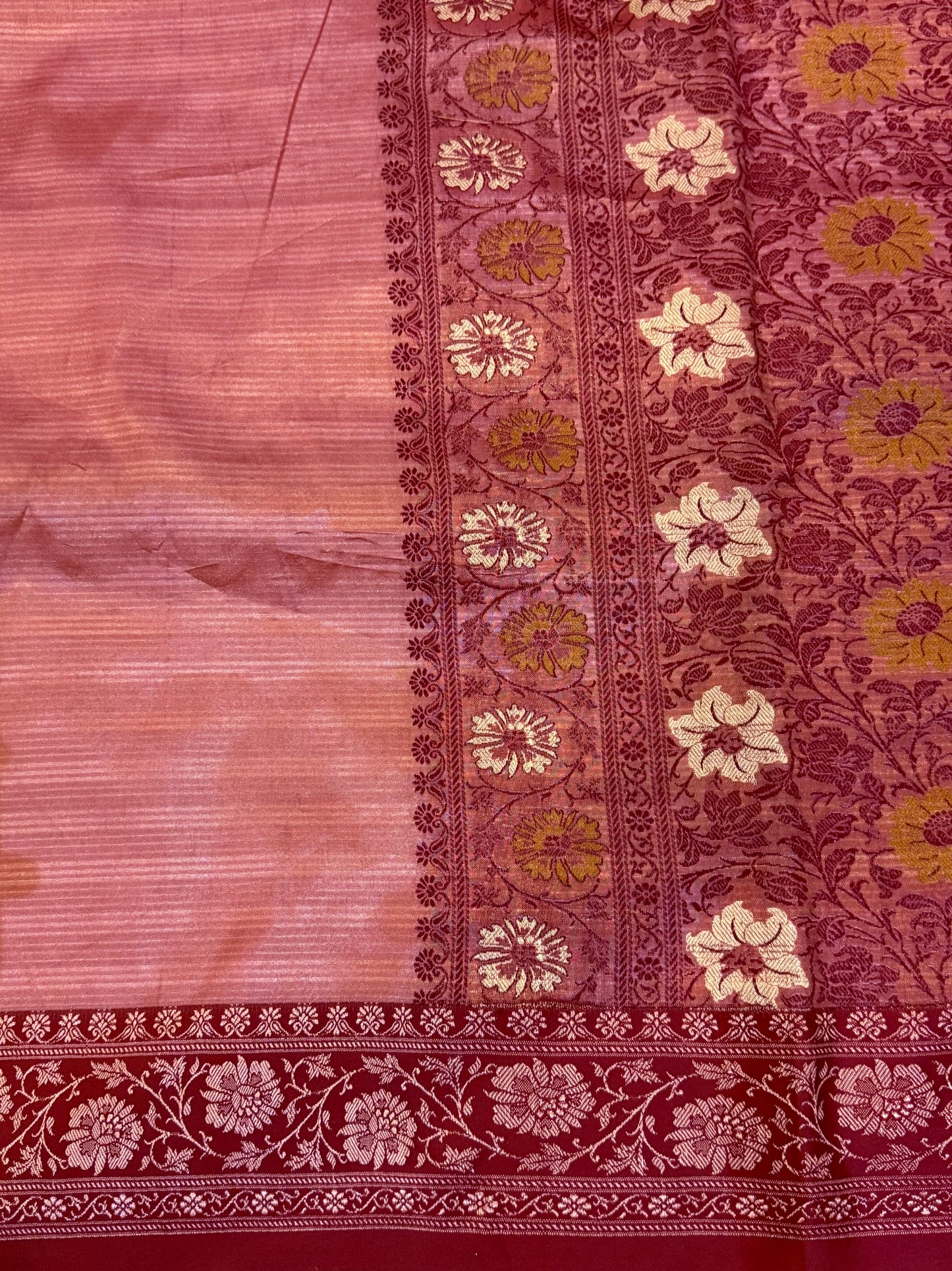 Rose Gold Banarasi Satin Silk Kadhwa Weave Saree
