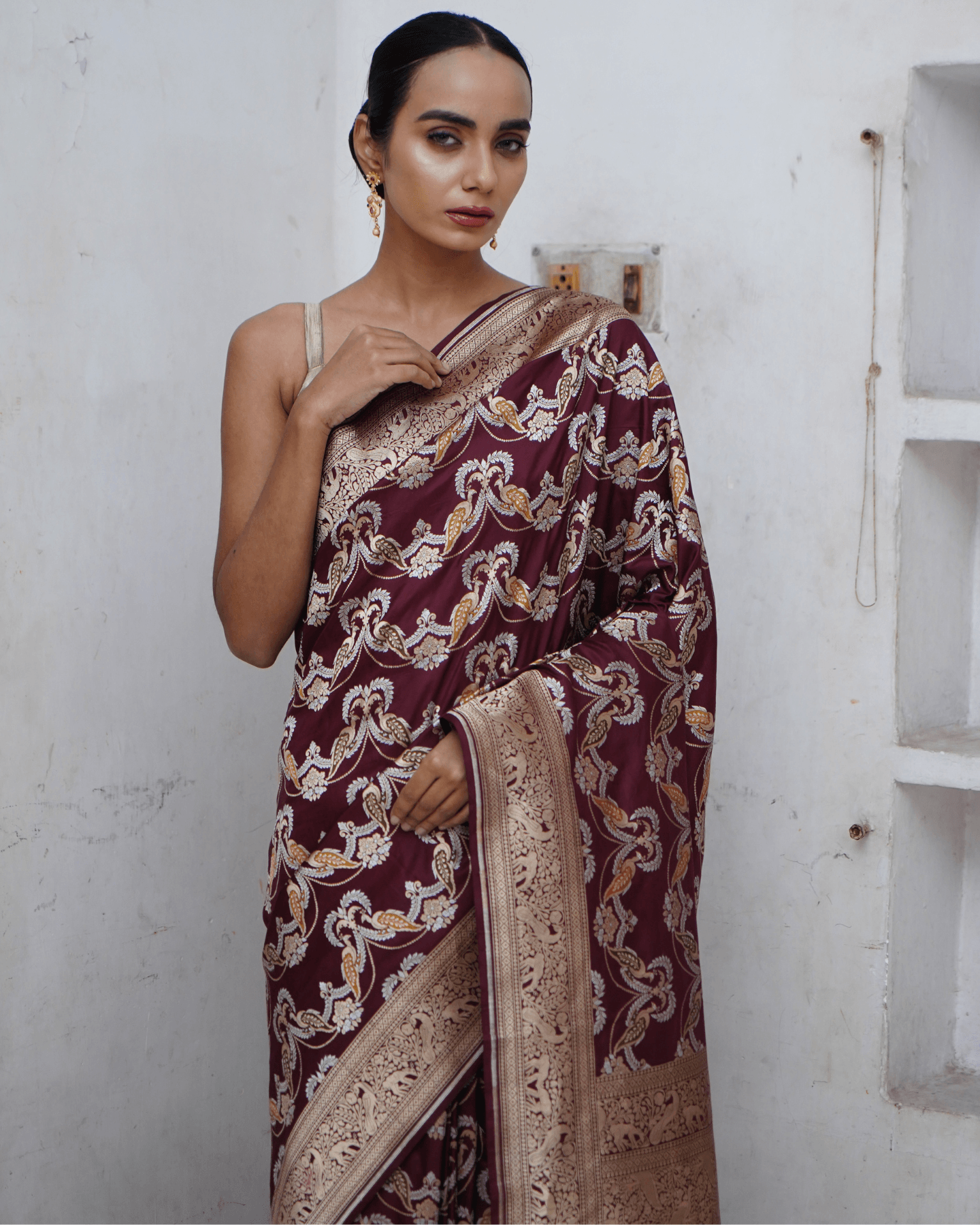 Sanakriti - Cola Brown Pure Banarasi Katan Silk Saree with Peacock Motifs