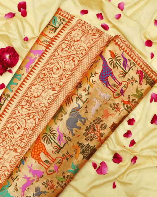 Baagh Baithak - Rust Gold Pure Banarasi Shikargah Katan Silk Handwoven Saree