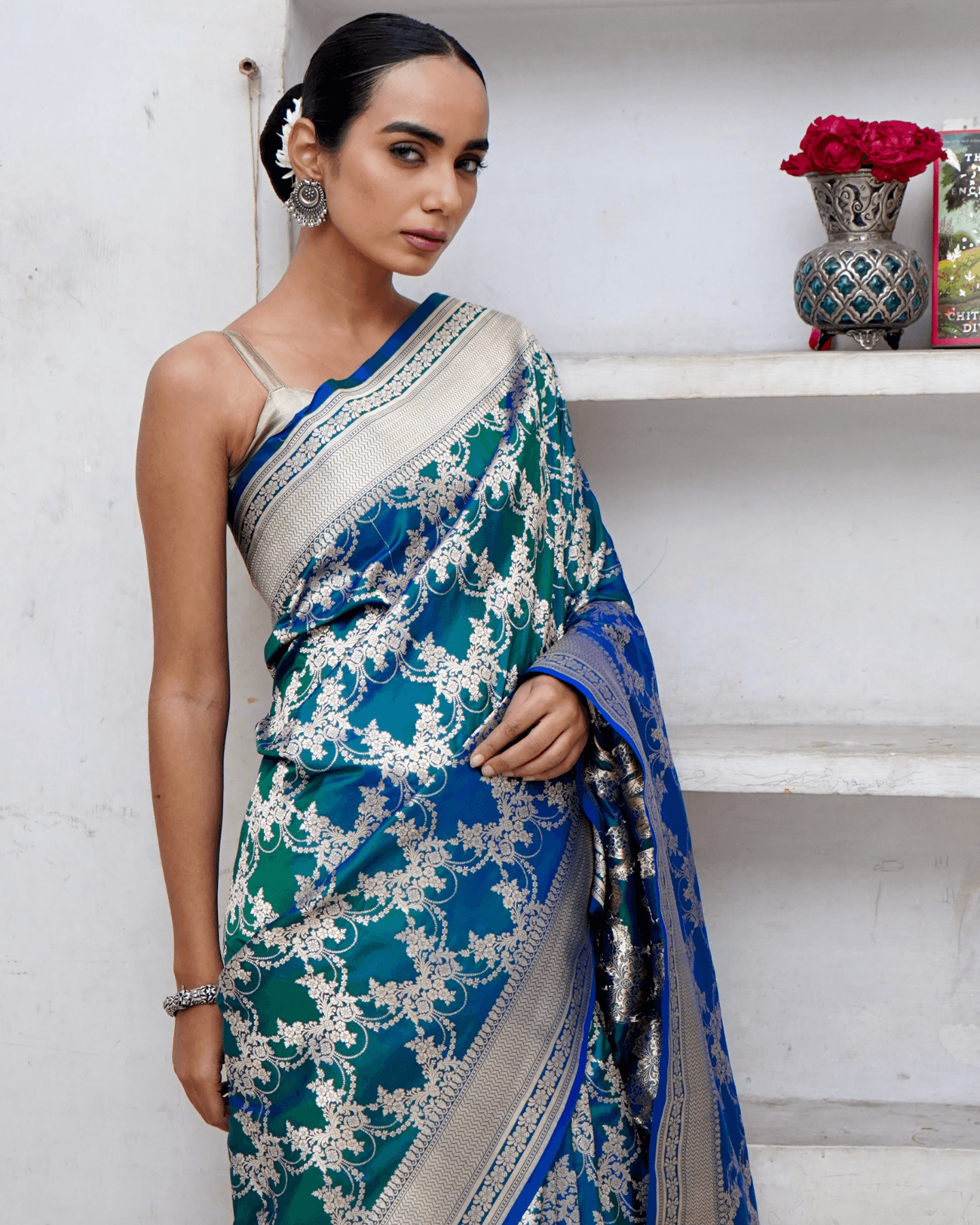 Shreeya - Dhoop-Chao Blue Green Pure Banarasi Katan Silk Saree