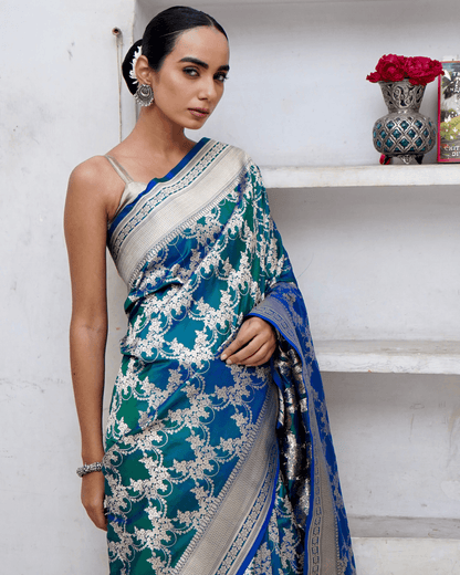 Shreeya - Dhoop-Chao Blue Green Pure Banarasi Katan Silk Saree