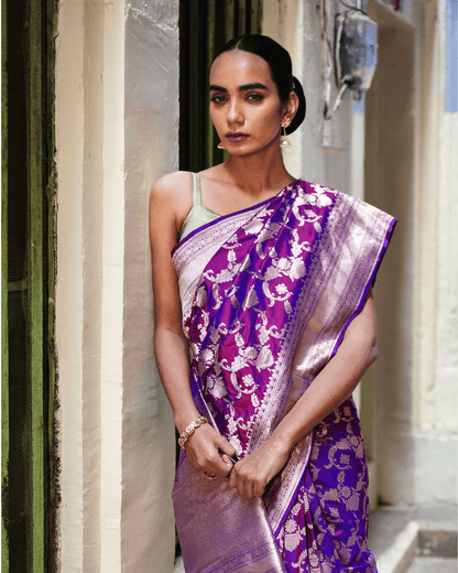 Shaivi - Dhoop-Chao Violet Pure Banarasi Katan Silk Saree