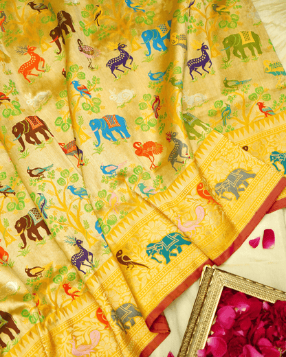 Baagh Baithak - Marigold Pure Banarasi Shikargah Katan Silk Handwoven Saree