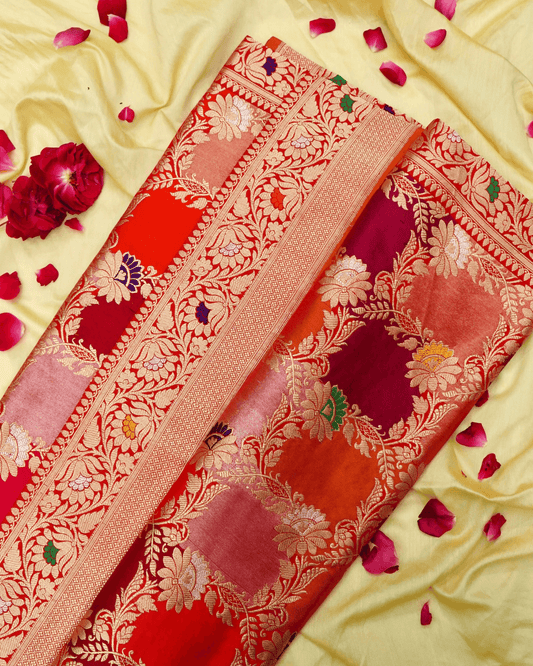 Rangkat Chaukadi - Pure Banarasi Katan Silk Rangkaat Handwoven Saree