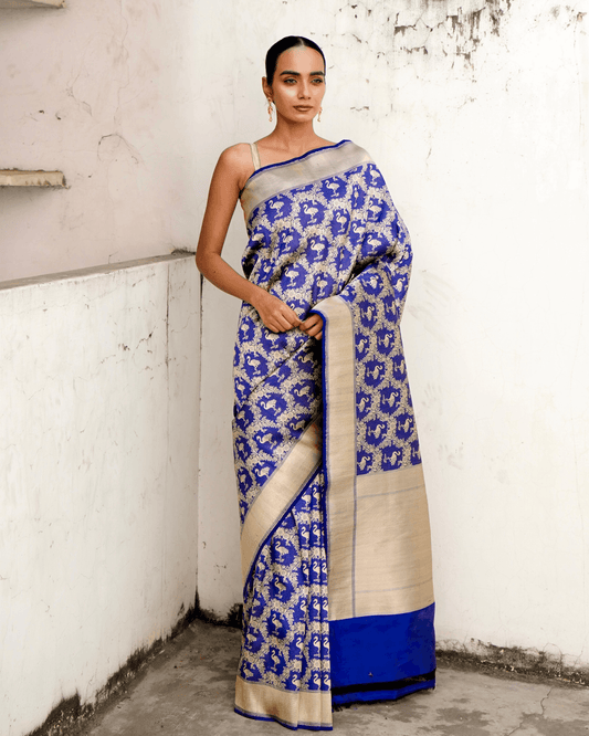 Malvika - Blue Pure Banarasi Katan Silk Saree With Swan Motifs