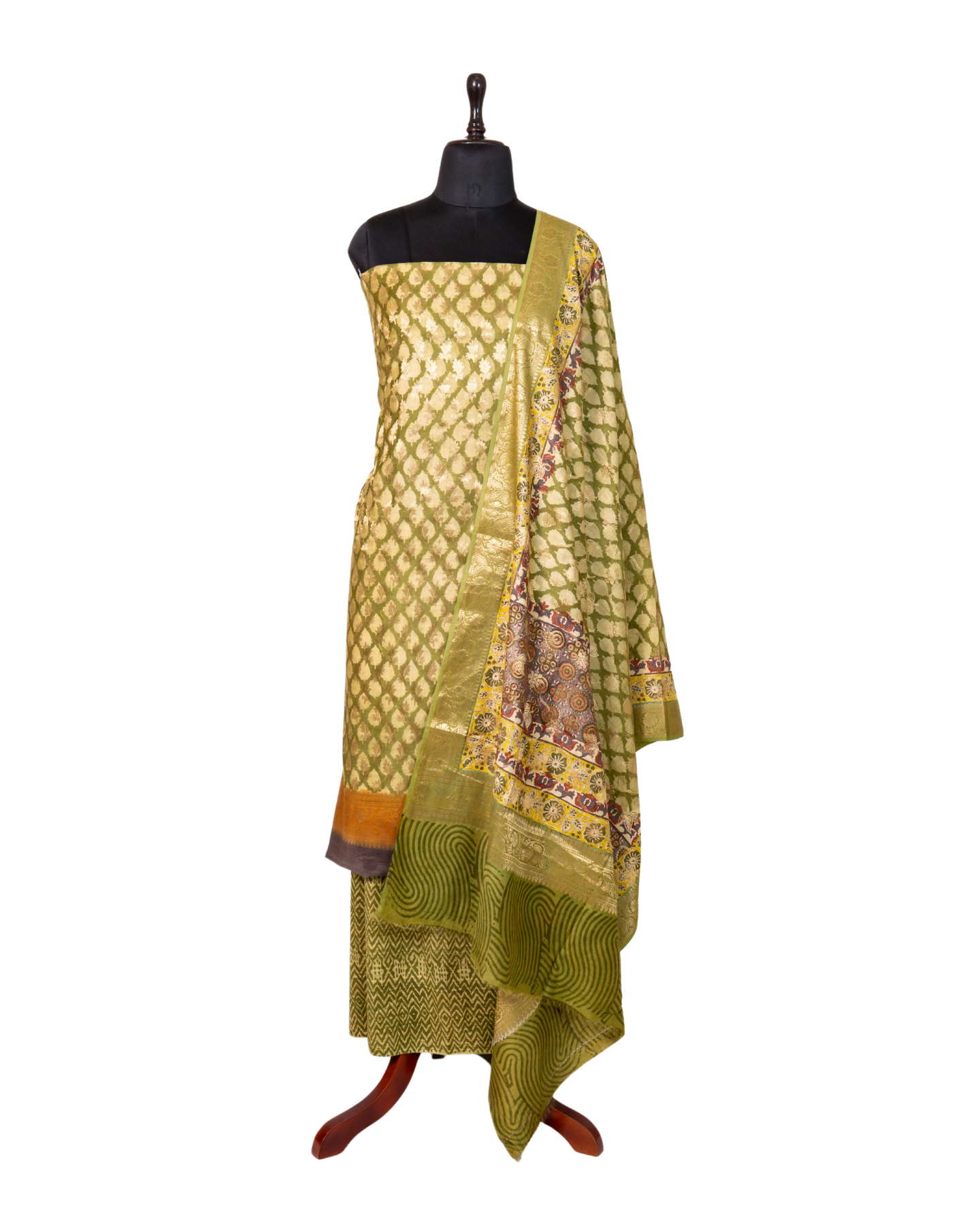Mehendi Green Banarasi Chiniya Silk 3-Piece Suit Set with digital Print