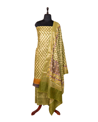 Mehendi Green Banarasi Chiniya Silk 3-Piece Suit Set with digital Print