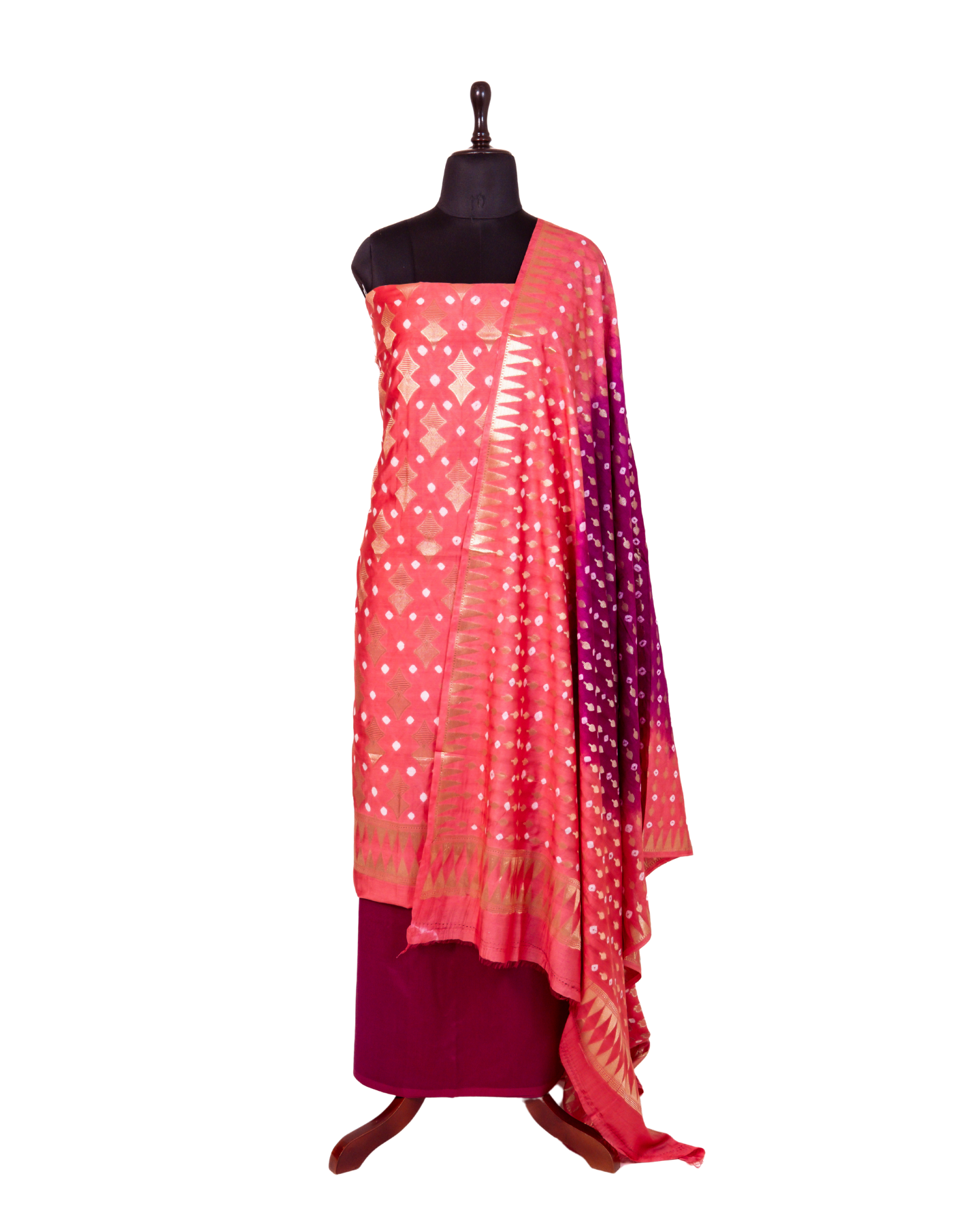 Peach Banarasi Chiniya Silk 3-Piece Suit Set with Bandhej pattern and Ombre Shaded Dupatta