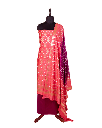 Peach Banarasi Chiniya Silk 3-Piece Suit Set with Bandhej pattern and Ombre Shaded Dupatta