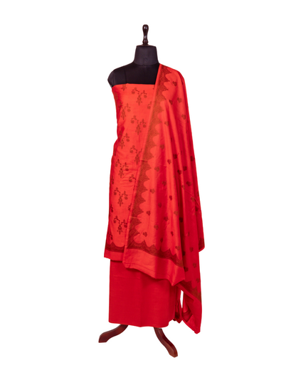 Red Banarasi Chiniya Silk 3-Piece Suit Set with Resham Weaving