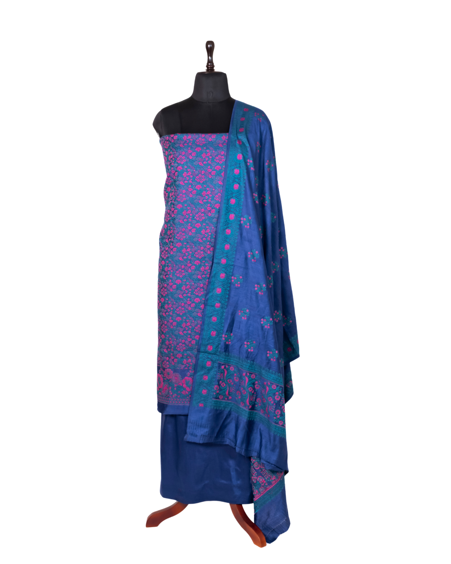 Deep Blue Banarasi Chiniya Silk 3-Piece Suit Set with Jaamdani weaving