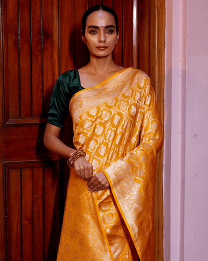 Anushka - Marigold Yellow Pure Banarasi Katan Silk Saree